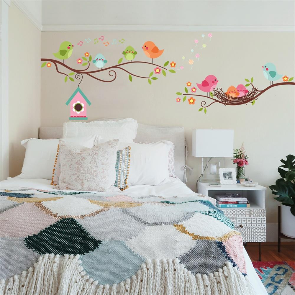 Miếng Dán Tường Hình Tổ Chim Và Nhành Cây Nhiều Màu Sắc Trang Trí Nhà Cửa DIY