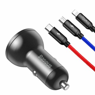 Sạc xe hơi baseus digital display dual usb 4.8a car charger 24w kèm cáp sạc 3 đầu