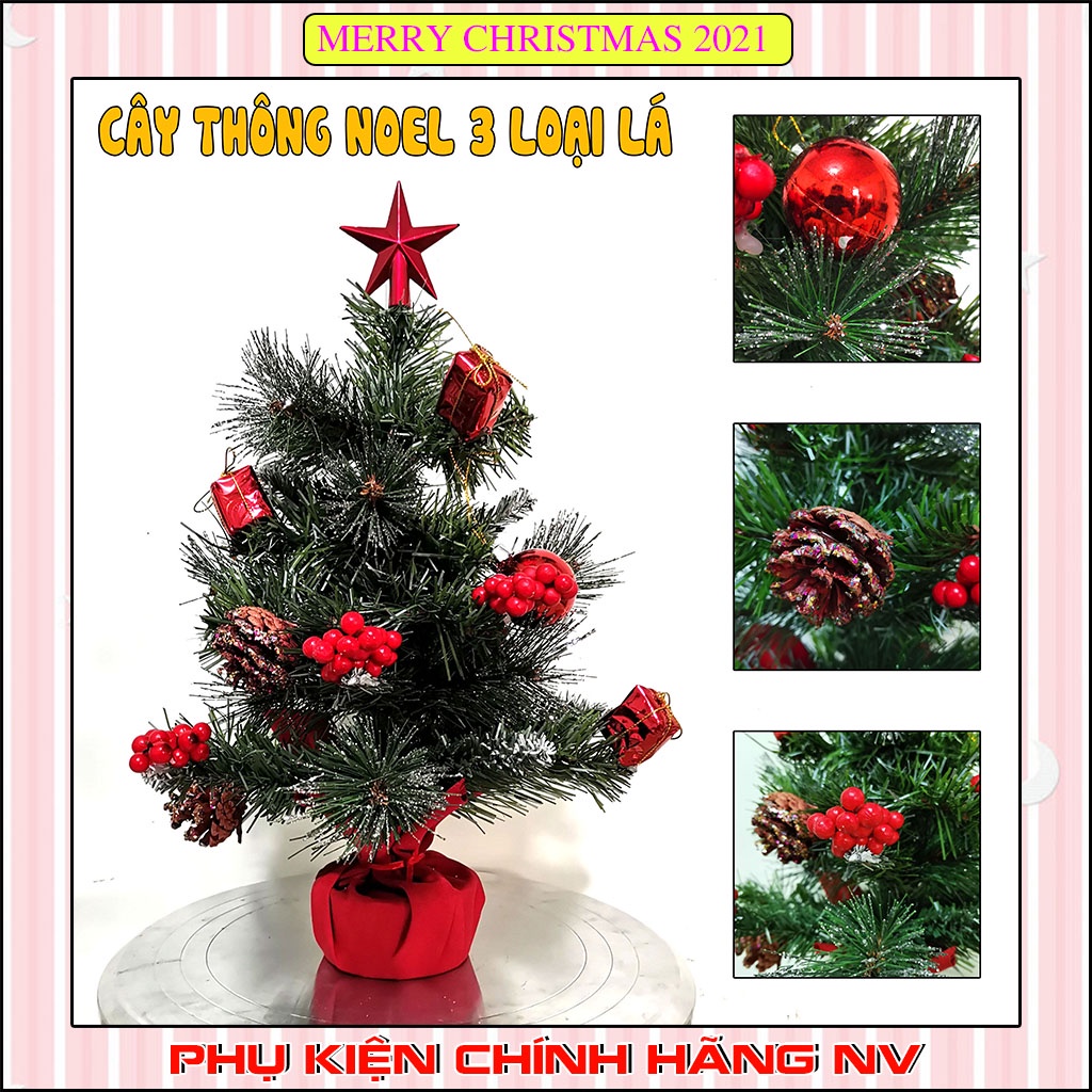 Cây thông noel để bàn 40cm trang trí giáng sinh mẫu 3 loại lá gắn trái thông tặng kèm dây led 8m màu vàng