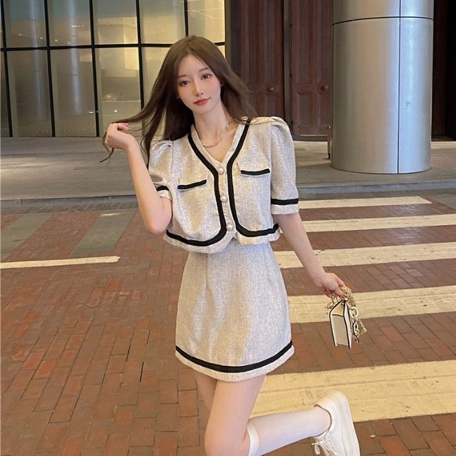 Set Dạ Tiêu Viền Ren 2 Màu, Set Bộ Áo Khoác Dạ Mix Chân Váy