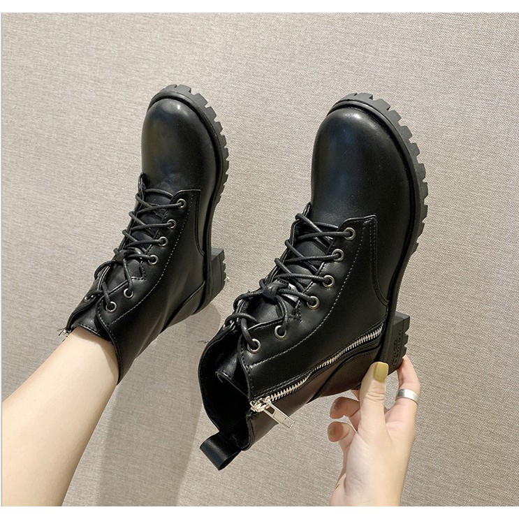 Ảnh thật - Giày boot nữ đế vuông cá tính cao 5cm khóa kéo kết hợp cột dây B145