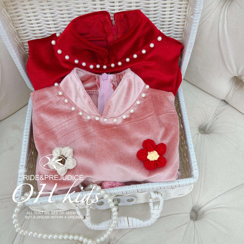 Set áo dài nhung đính hoa len cho bé gái