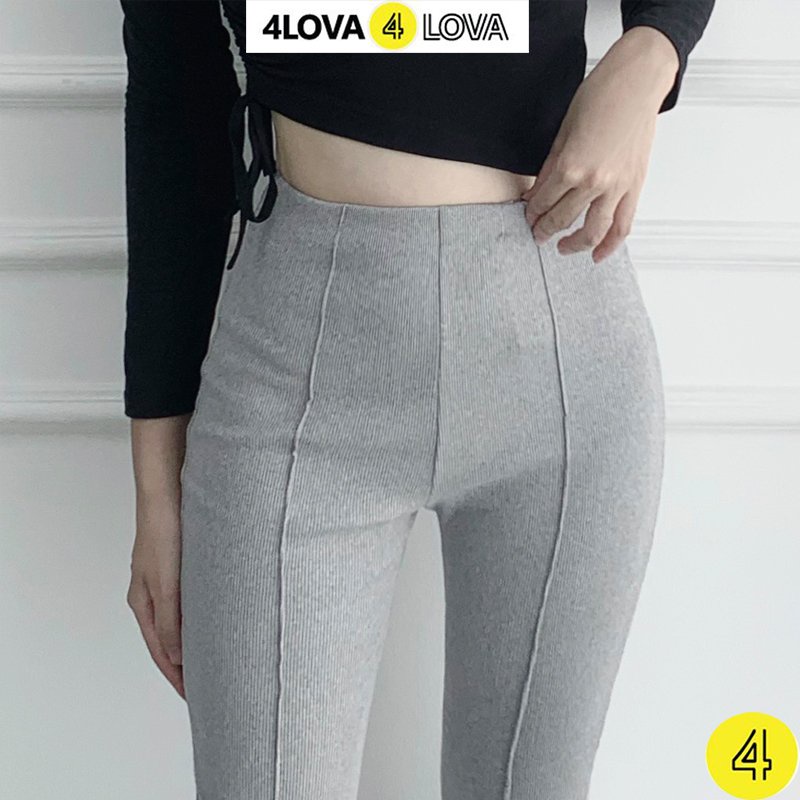 Quần ống loe len gân trơn 4LOVA lưng cạp cao vải dài suông loe culottes màu đen tàn EVA1