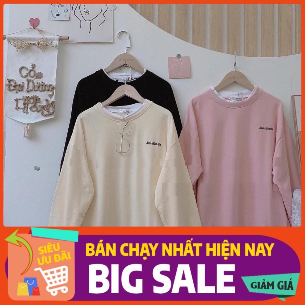 11.11 Áo thun phối vạt tay dài nữ - Sweater phông dáng suông thêu chữ basic kiểu dáng korea HOT