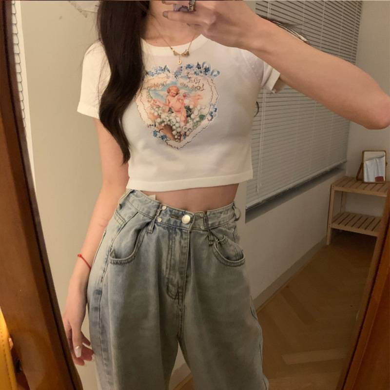 Áo Thun Crop Top Tay Ngắn In Họa Tiết Thời Trang Hàn Quốc 2022 3 Màu Lựa Chọn