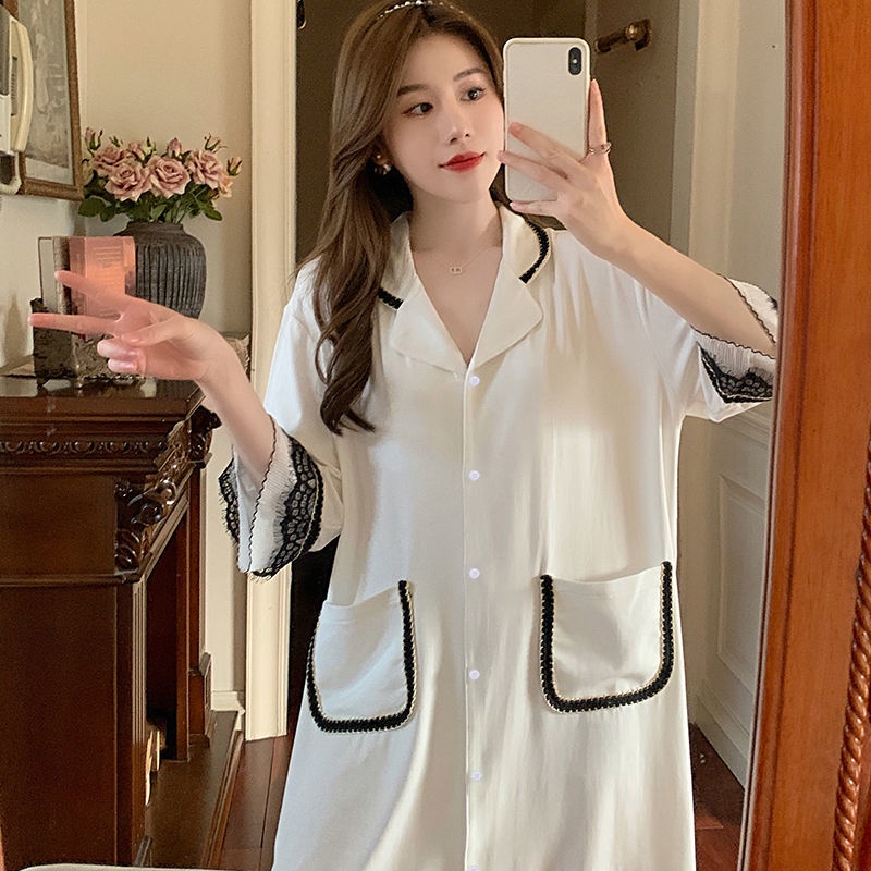 Áo sơ mi mặc ngủ tay ngắn vải lụa lạnh phối ren sang trọng thời trang mùa hè cho bạn gái