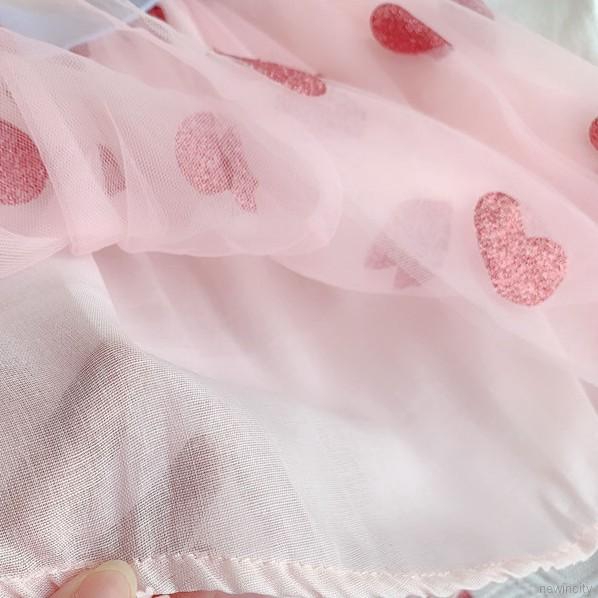 Bộ áo thun sát nách in hình trái tim + chân váy lưới xòe đáng yêu cho bé gái