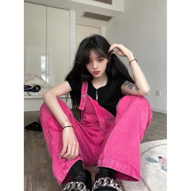 Quần Yếm Denim Dáng Rộng Màu Đỏ Hồng Thời Trang Mùa Hè Phong Cách Retro Hồng Kông Mới Cho Nữ