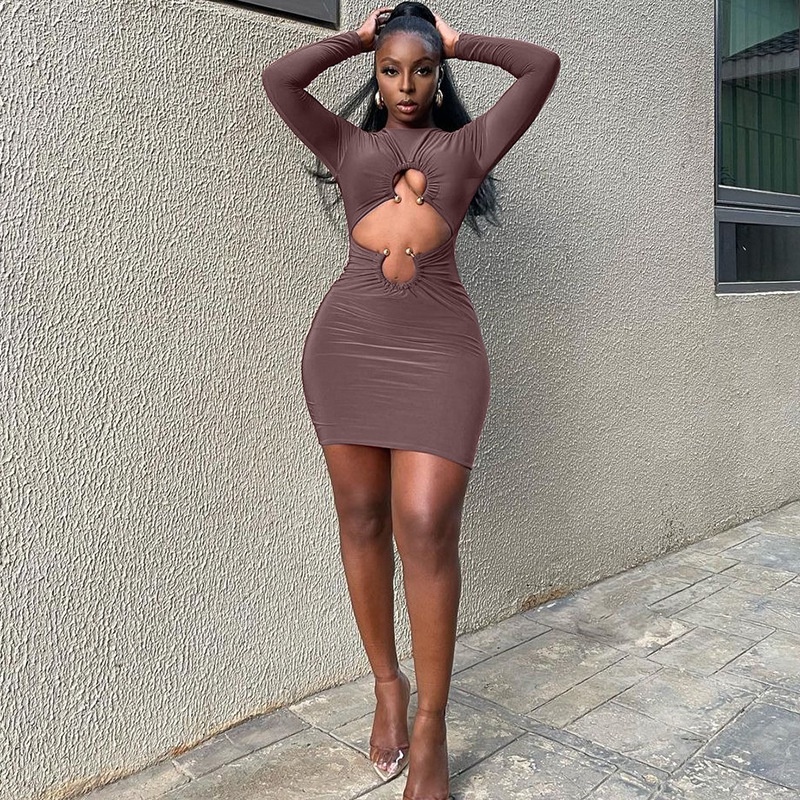 Đầm Tay Dài Cổ Tròn Dáng Ôm Thời Trang Đường Phố Cá Tính Cho Nữ