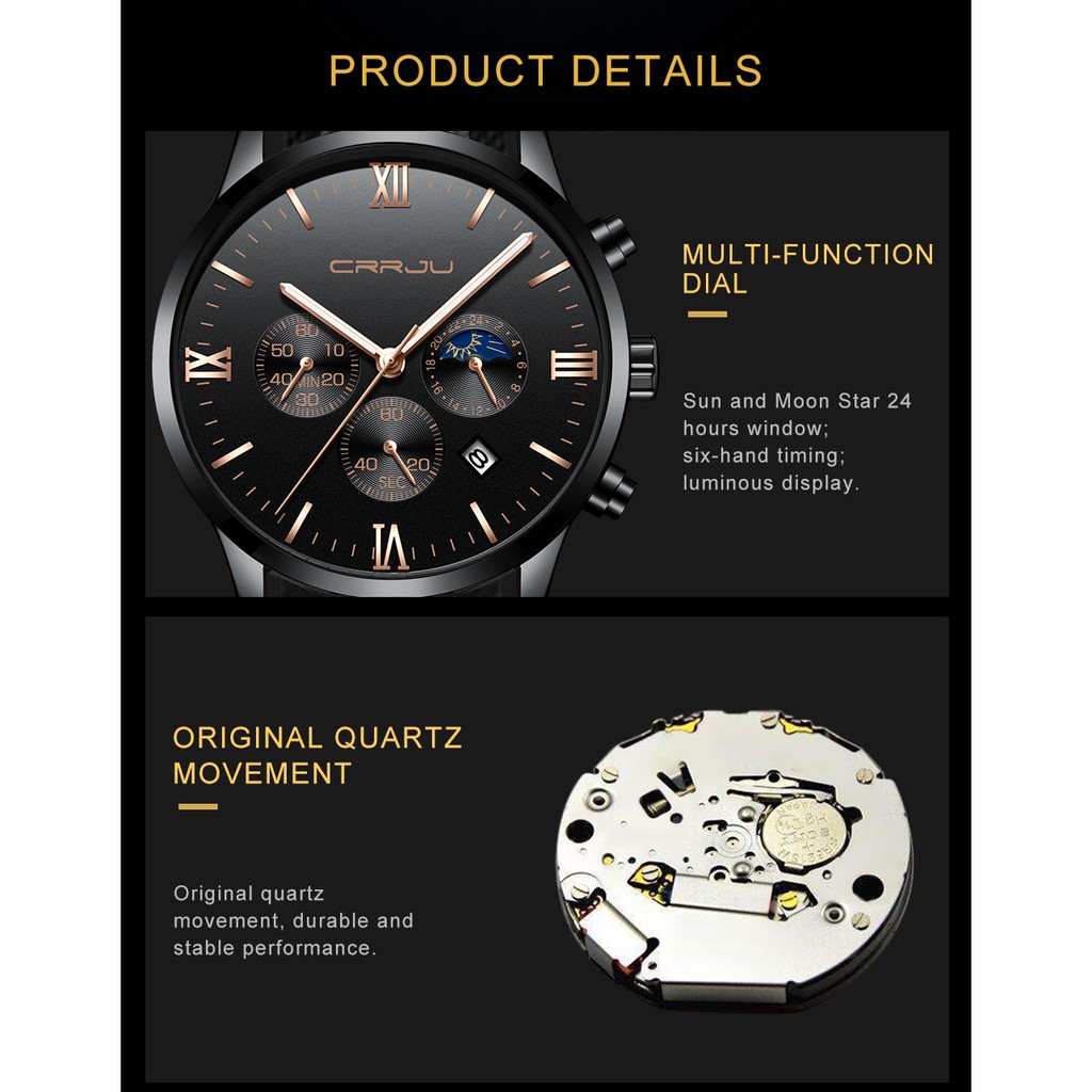 CRRJU Men's Watch Fashion Luxury Multifunctional Waterproof Stainless Steel Quartz 2159
