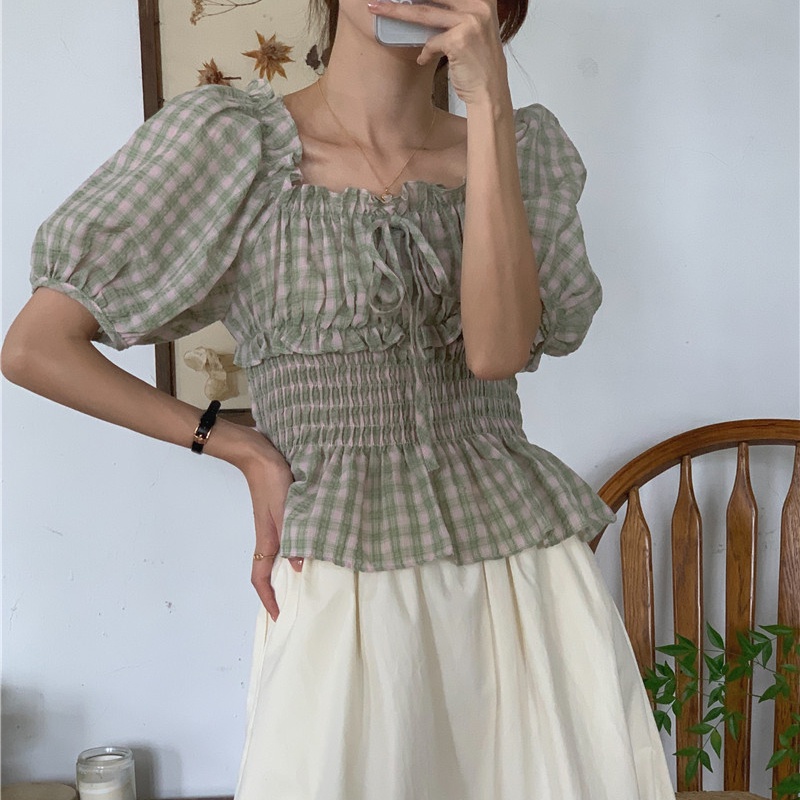 SUXI Áo Sơ Mi Tay Ngắn Dáng Ôm Kẻ Sọc Ca Rô Kiểu Vintage Hàn Quốc Dễ Phối Đồ