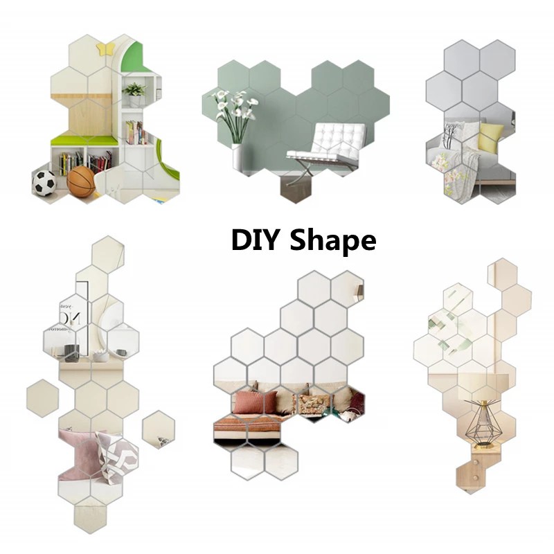 Miếng dán tường tráng gương hình lục giác 3D bằng acrylic độc đáo trang trí nhà cửa DIY