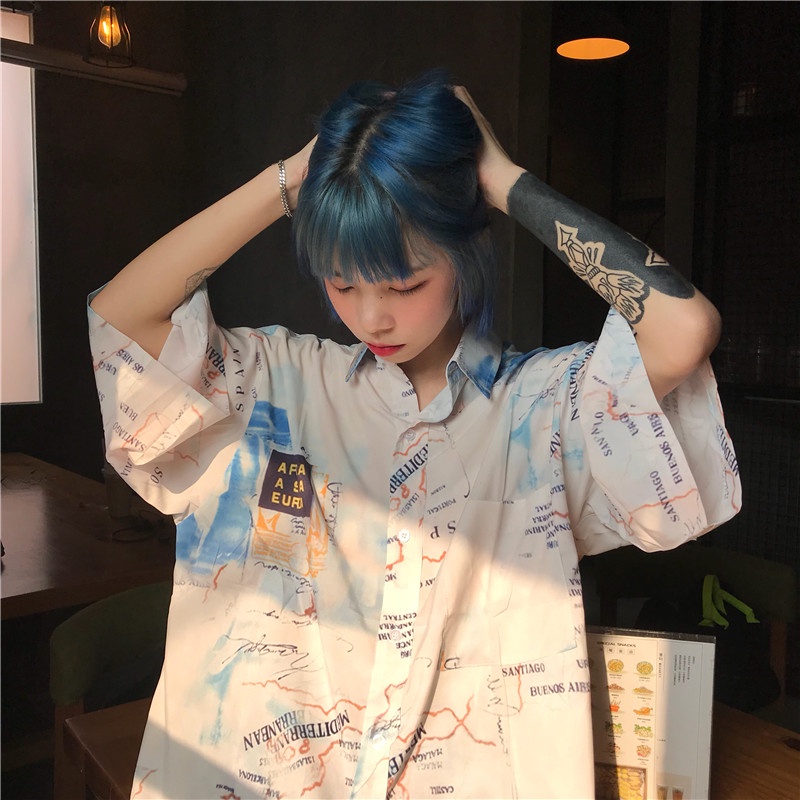 【ZHELIHANGFEI】 Áo Sơ Mi Dáng Rộng In Bản Định Hướng Phong Cách Harajuku Hip Hop Đường Phố Mùa Hè Cho Nam Và Nữ