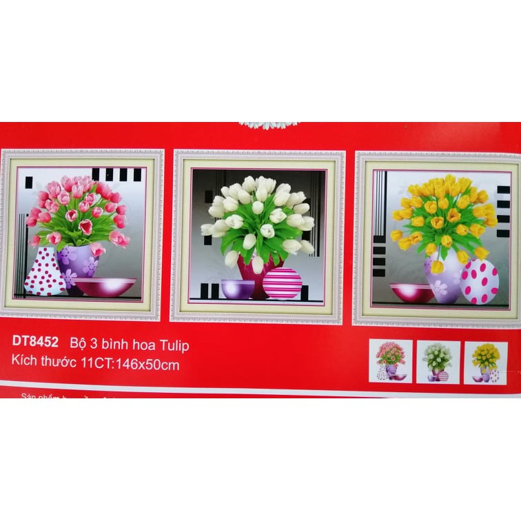 Tranh thêu chữ thập bộ bình hoa 3 bức hoa tulip DT8452