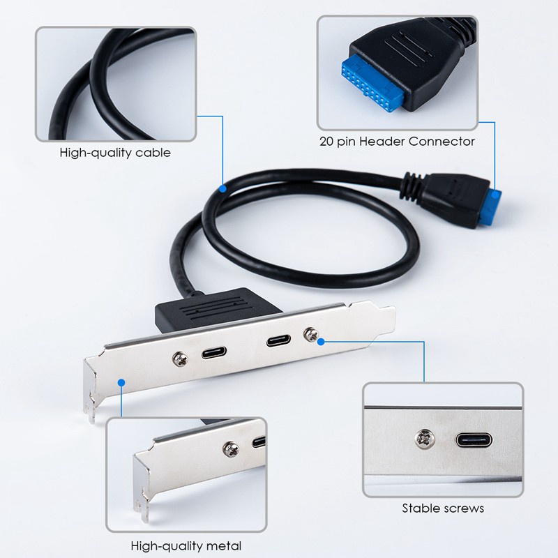 USB C 3.1 Back Panel Expansion Bracket to 20-Pin Header Cable 2-Port Super-Speed Type-C Expansion Card for PC