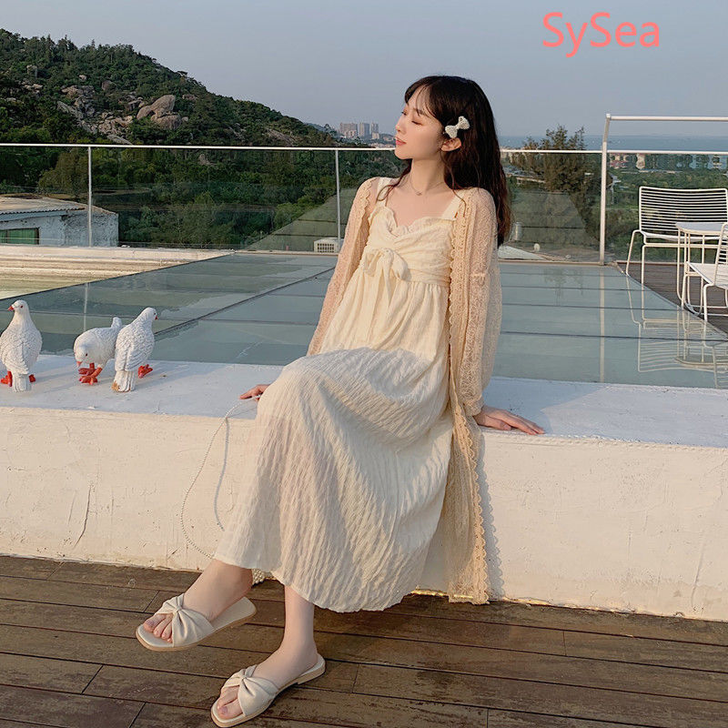 Women Bowknot Hollow Lace Long Dress + Long Sleeve Cardigan