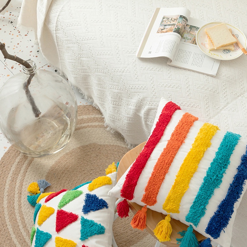 Vỏ Gối 45x45cm Họa Tiết Kẻ Sọc Màu Cầu Vồng Phong Cách Boho