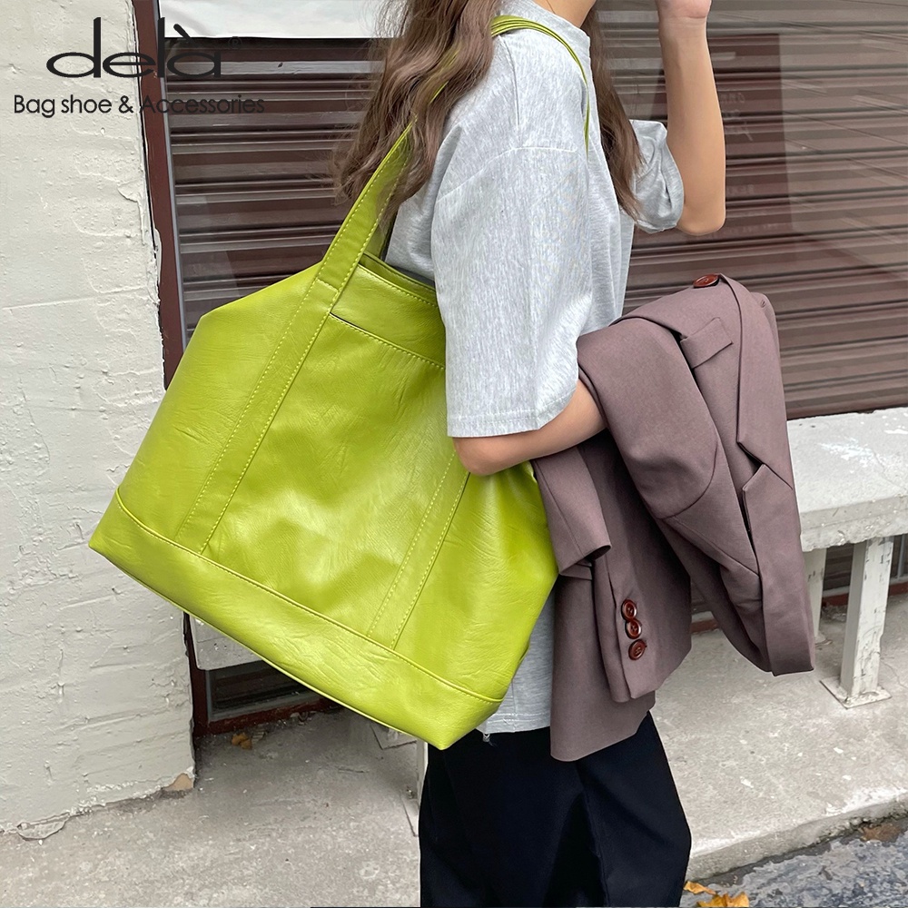 Dela Túi tote Da PU Mềm Sức Chứa Lớn Màu Xanh Bơ Dành Cho Nữ
