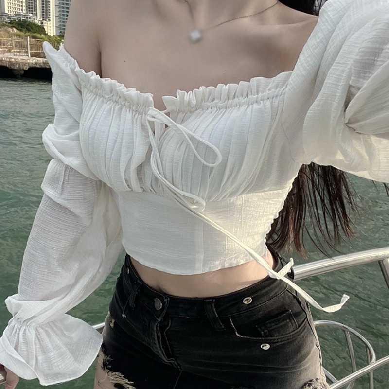 Áo Croptop Áo Sơ Mi Áo Kiểu Tay Dài Cổ Vuông Màu Sắc Thời Trang Xuân Thu Quyến Rũ Cho Nữ