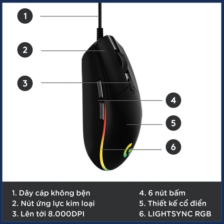 Chuột game có dây Logitech G102 Lightsync ( Black ) - Tùy chỉnh RGB, 6 nút lập trình - Bảo Hành Chính Hãng 24 Tháng