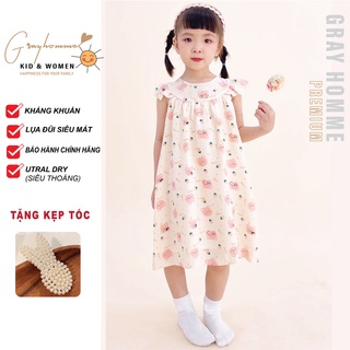 Váy bé gái GRAYHOMME Họa tiết Gấu Hồng, dáng rộng, chất Đũi Lụa thoáng mát thấm hút mồ hôi tốt (VK005)