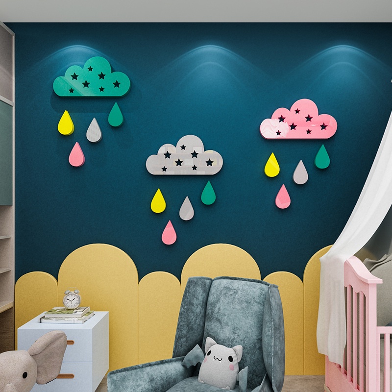 Miếng Dán Tường Trang Trí Hình Đám Mây / Mưa / Mặt Trời Hoạt Hình 3D Bằng Acrylic