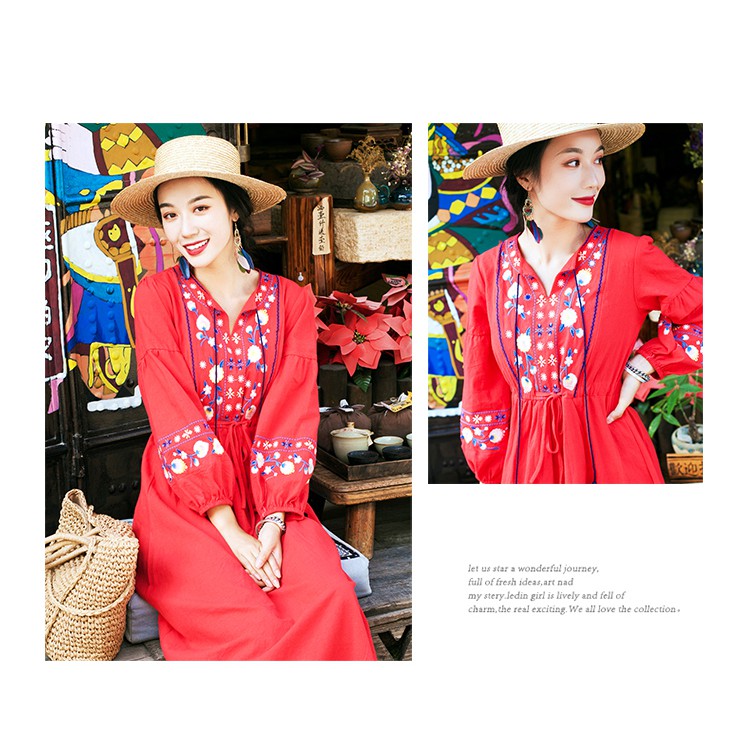 Váy boho dáng dài thêu đi du lịch