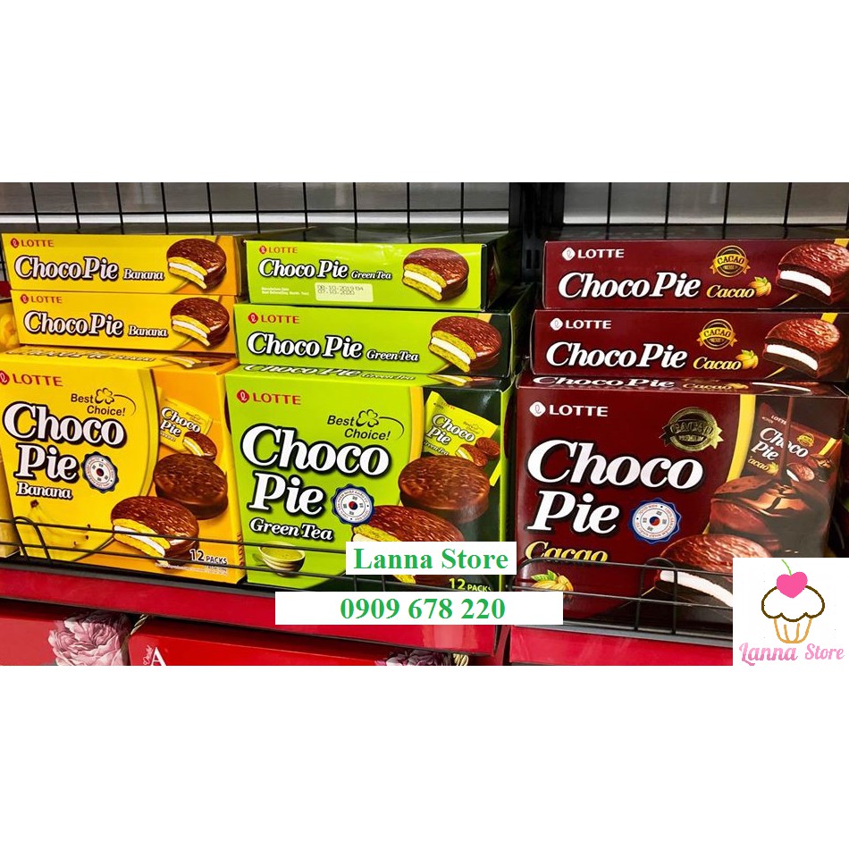 Chocopie LOTTE vị Cacao, Trà Xanh , Chuối hộp 336g (12 bánh) - Hàn Quốc 🇰🇷.