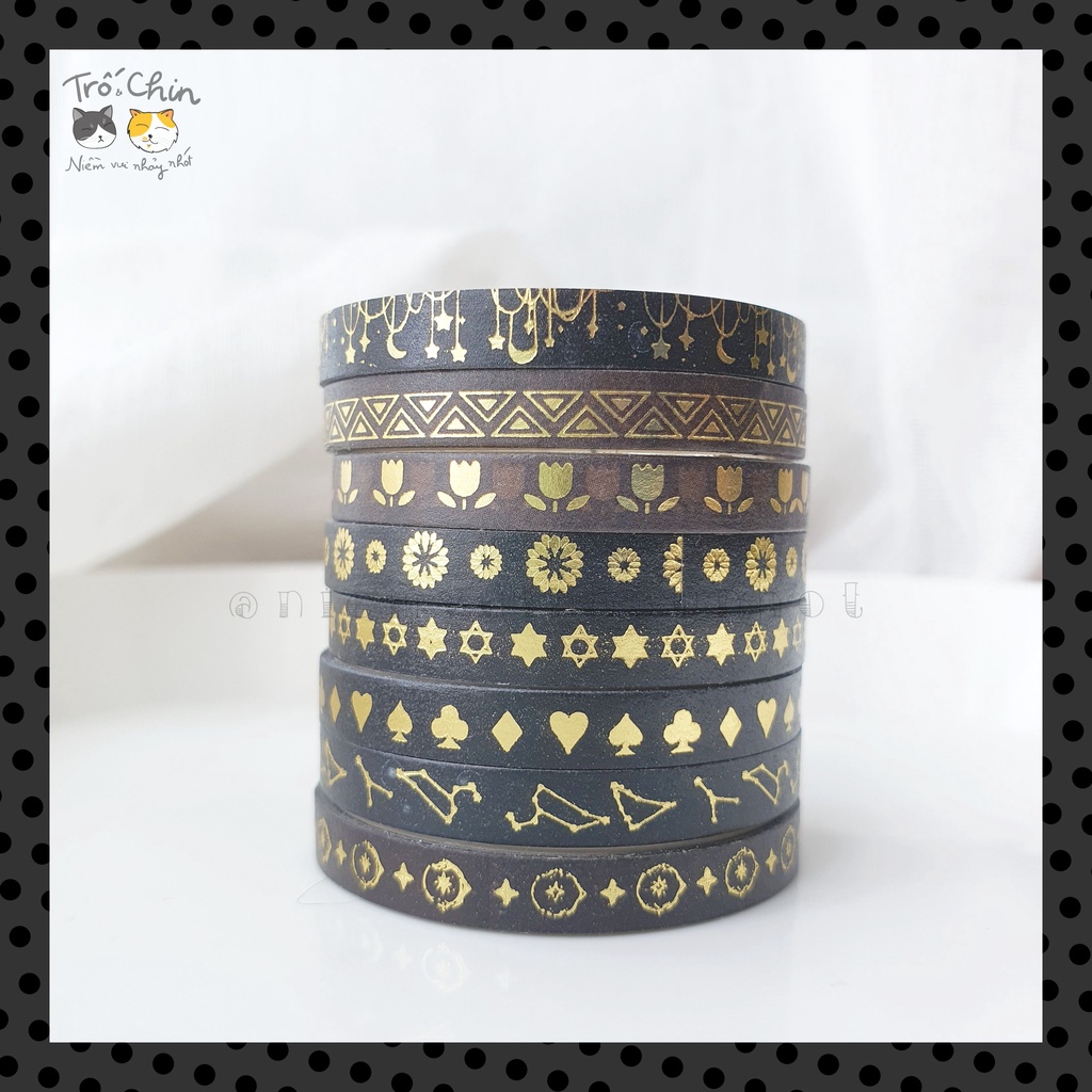 [HÀNG CÓ SẴN] [ẢNH THẬT] Washi tape nhũ ánh kim ĐEN HUYỀN BÍ - Gold Black Washi tape (5mm*2m)