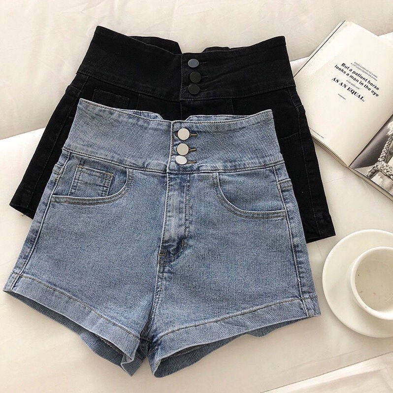 Jiashucheng Quần Short Denim Chữ a Lưng Cao Ống Rộng Phối Dây Xích Kim Loại Thời Trang Mùa Hè Cho Nữ