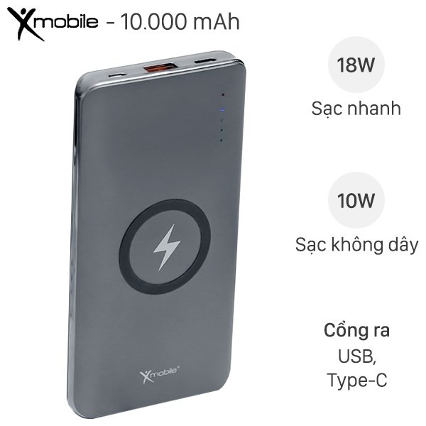 Pin sạc dự phòng không dây Polymer 10.000mAh Type C PD QC3.0 Xmobile P66D Xám