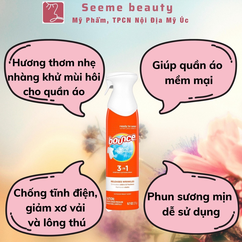 Chai Xịt Thơm Làm Phẳng Quần Áo Bounce Rapid Touch-Up 3 In 1 275g, Giấy Thơm Bounce 160 tờ