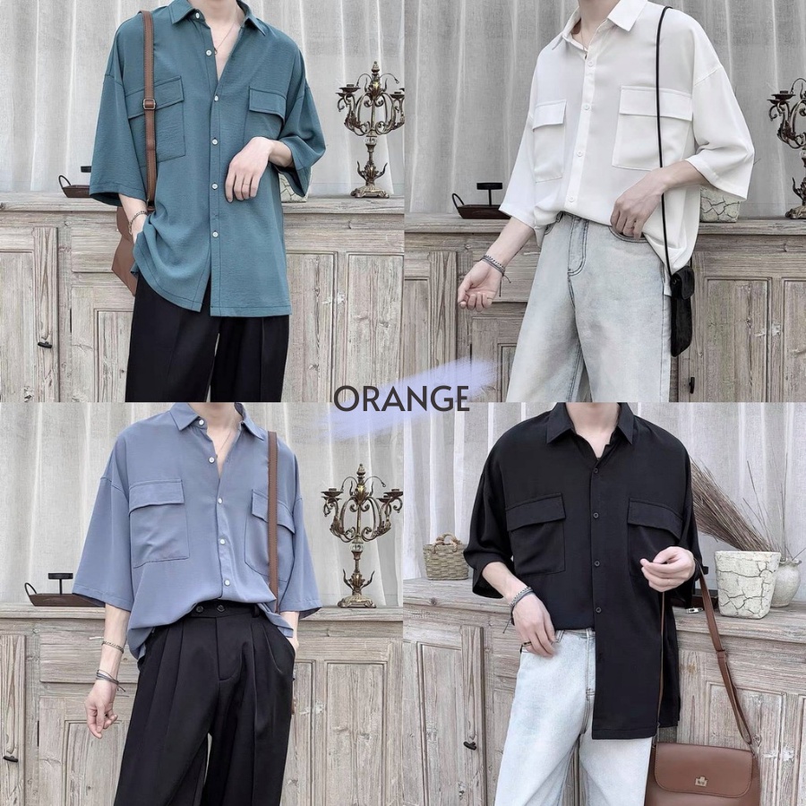 Áo Sơ mi nam tay lỡ chất đũi mát form rộng 4 màu xanh ngọc, xanh lam, đen, trắng