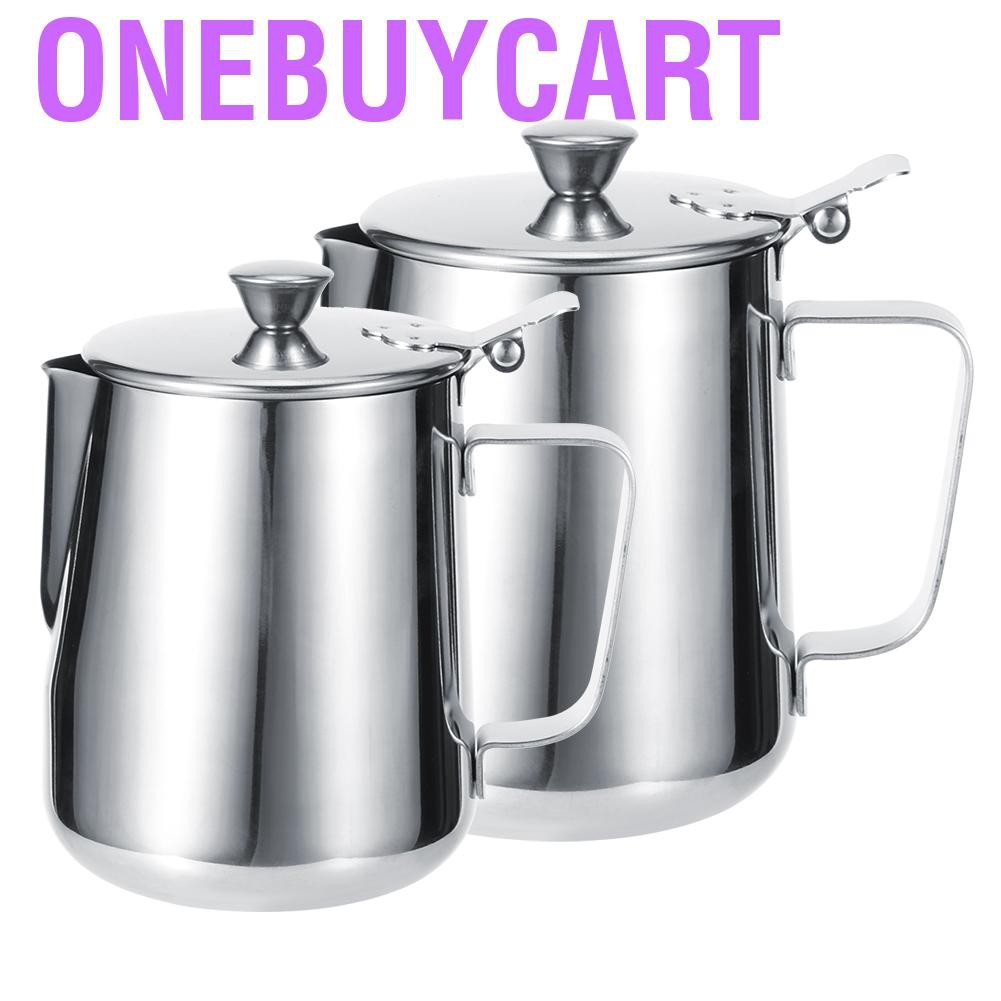 Onebuycart Stainless Steel Thicken Milk Frothing Cup Jug Coffee Pitcher Latte Art with Lid for Home