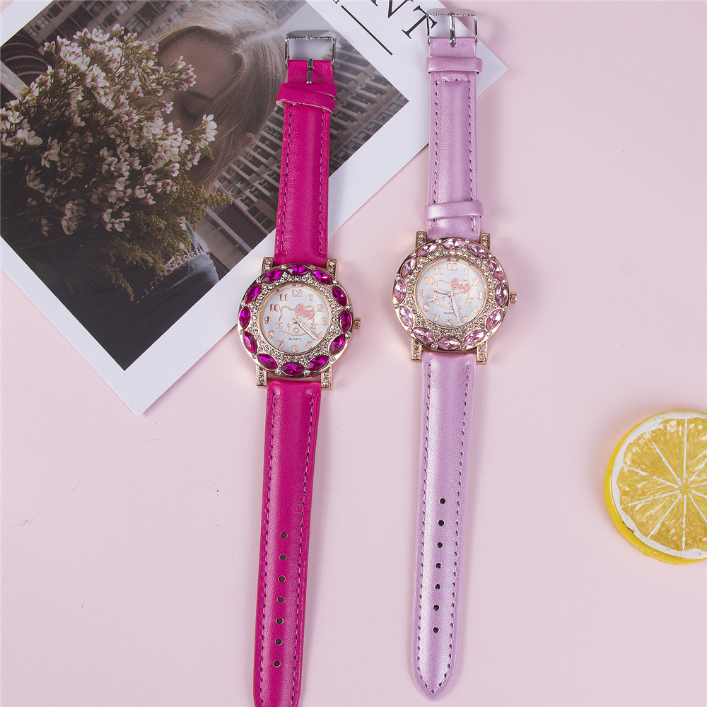 Đồng hồ đeo tay dây da mặt hình Hello Kitty đáng yêu cho nữ