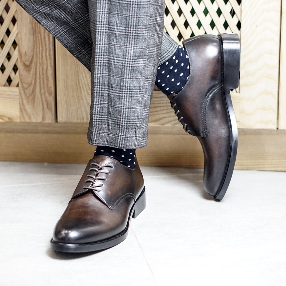 Giày nam derby công sở da bò đánh màu patina mũi tròn đế cao su đúc bảo hành 12 tháng