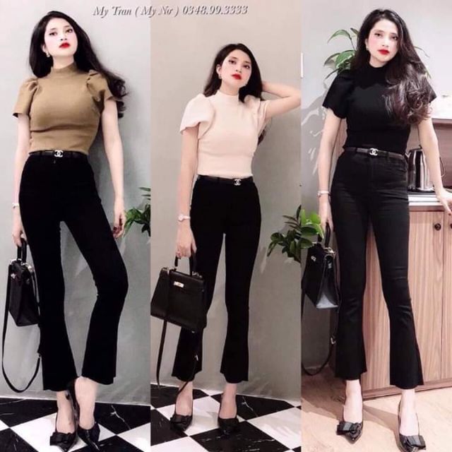 Quần bò loe đen trơn và sẻ