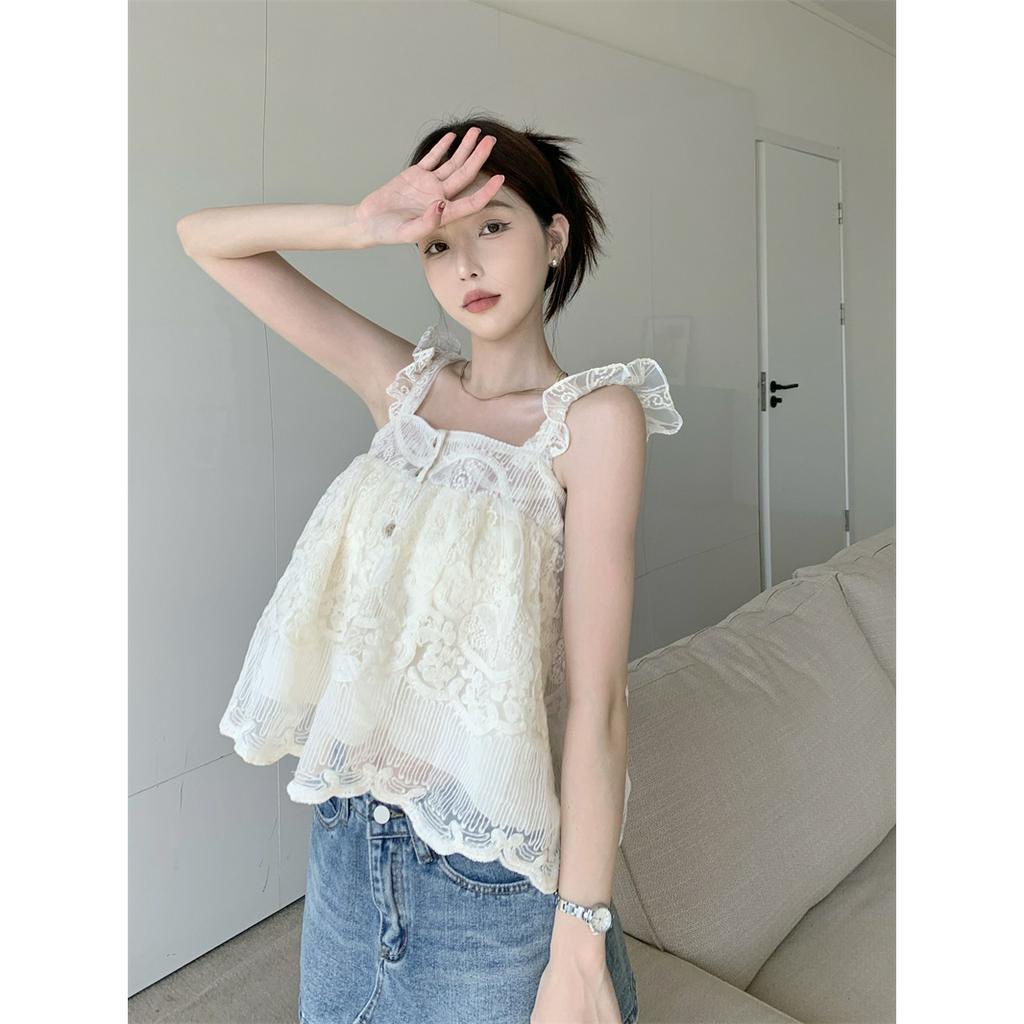 Mới Áo Croptop Sát Nách Cổ Vuông Phối Ren Dáng Rộng Thời Trang 2023 Cho Bạn Gái