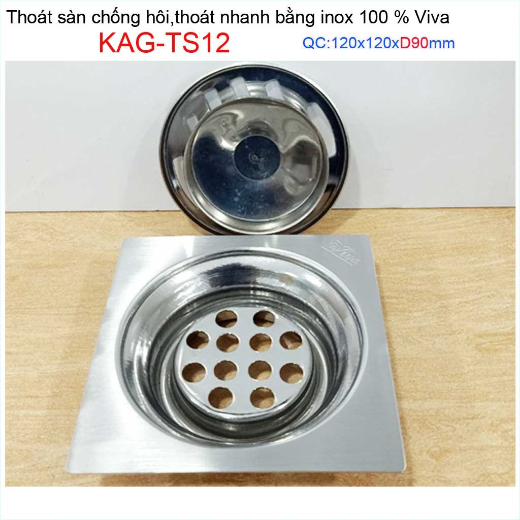 Hố ga thoát sàn Viva ống D90 Inox mờ, phễu thoát nước chống hôi vuông 12x12cm KAG-TS12