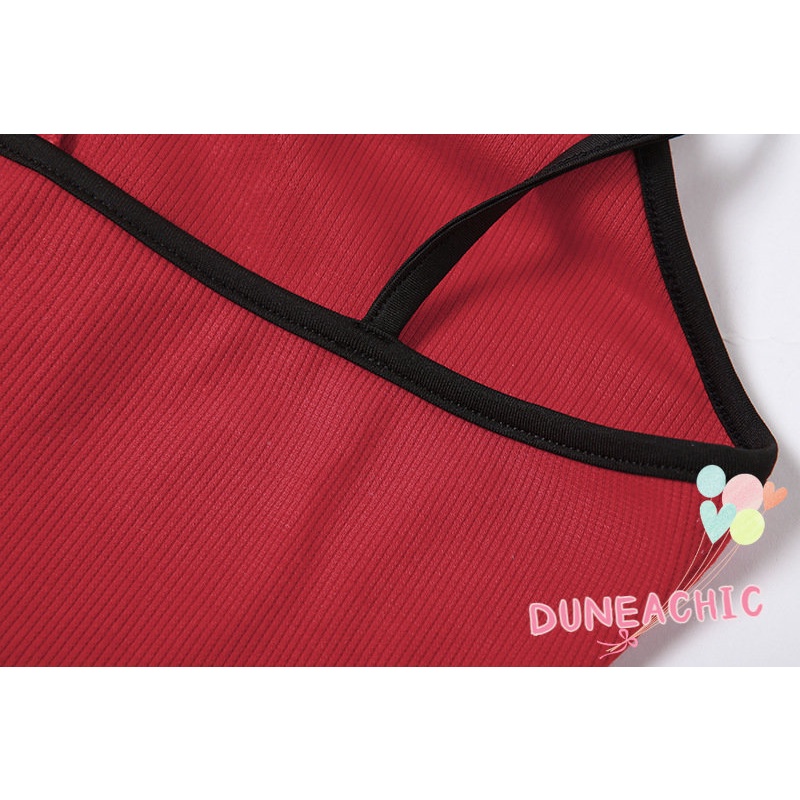 DUNEA Áo Croptop Hai Dây Hở Lưng Phối Bèo Màu Khối Thời Trang Cho Nữ