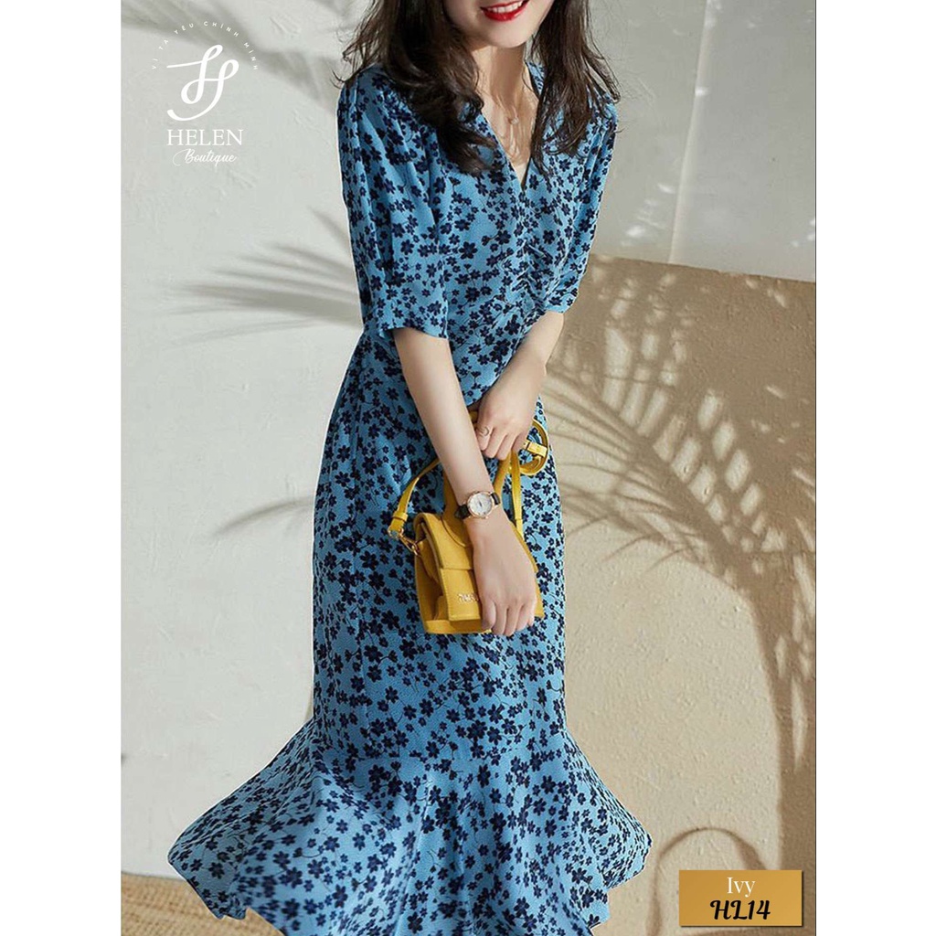 Đầm dài dáng rộng họa tiết hoa sao đen thanh lịch - Trung niên - Ivy Dress - Helen Boutique