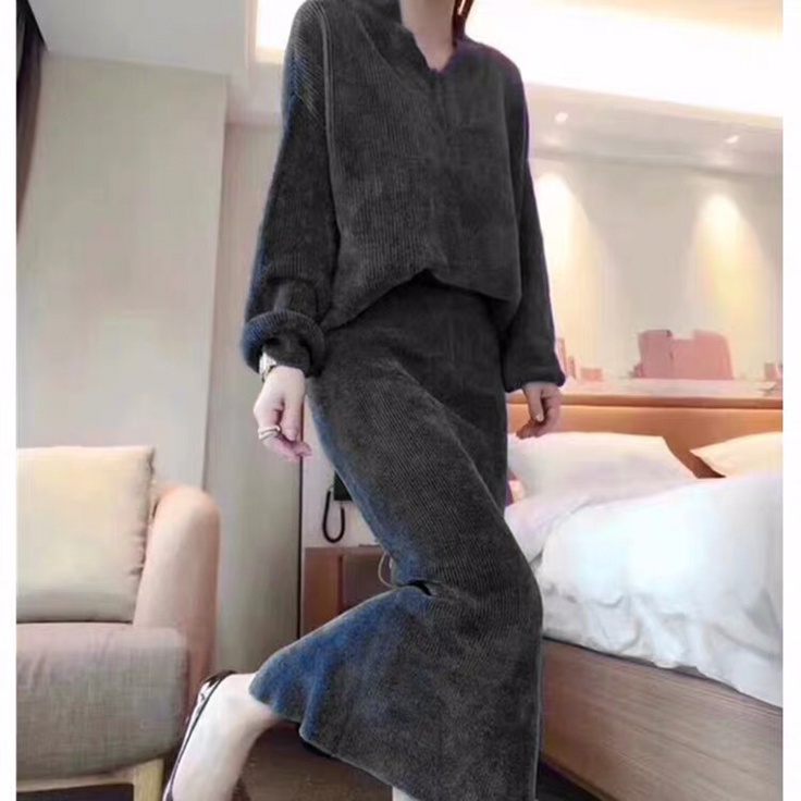 Set Áo Hoodie Và Chân Váy Dệt Kim Dáng Rộng Thời Trang Thu Đông Cho Nữ 2021 | BigBuy360 - bigbuy360.vn