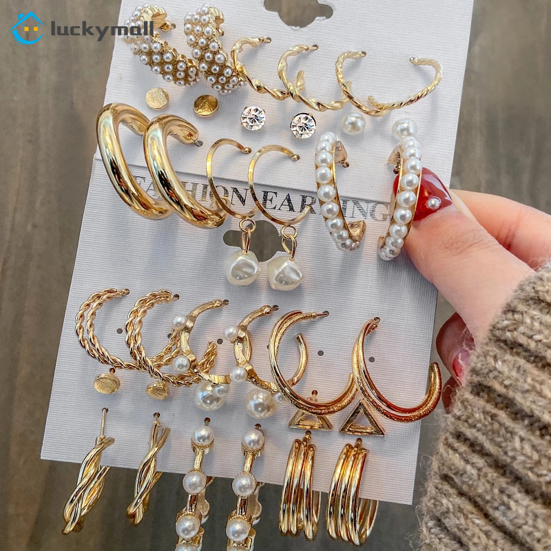 18Pcs/Set Fashion Pearl Earring Set Alloy Diamond Women Gold Earrings Simple Accessories Jewelry