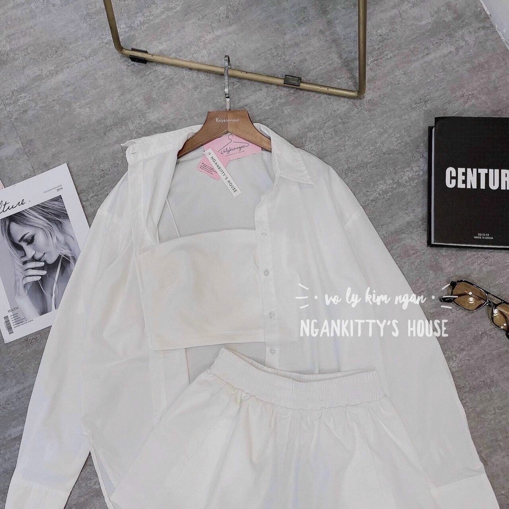 Sét bộ 3 món áo 2 dây bên trong và áo sơ mi phối hợp với quần cộc mặc dễ chịu thoáng mát 4màu đen trắng vàng và xanh màu