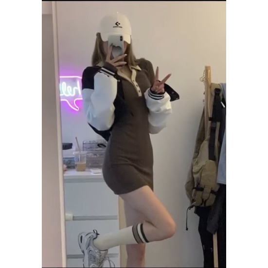 Đầm ôm body kiểu cổ bẻ tay dài chất vải thun gân len 4 chiều FreeSize dưới 52kg | BigBuy360 - bigbuy360.vn