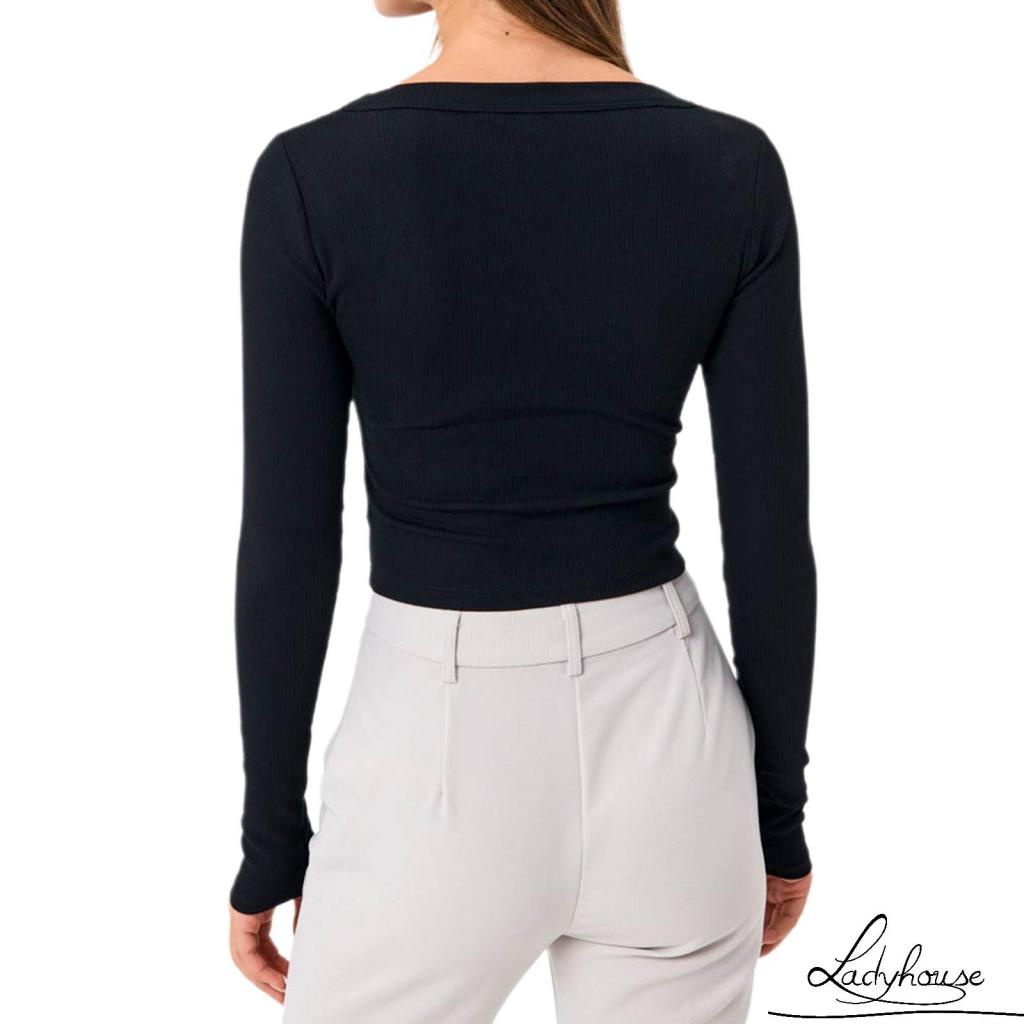 Áo Croptop Tay Dài Màu Trơn Cổ Xẻ Ôm Dáng Thời Trang Xuân Thu Cho Nữ