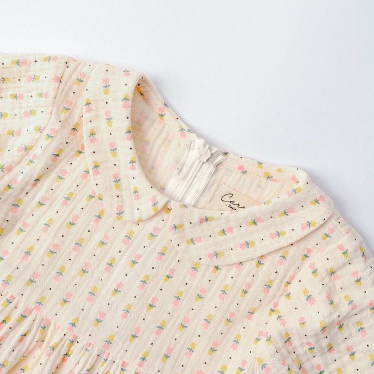 Váy Bé Gái Carrot Đầm Xòe Tay Lỡ Cổ Sen, Họa Tiết Hoa Tulip Nhí, Chất Xô Muslin Mềm, Thoáng Mát