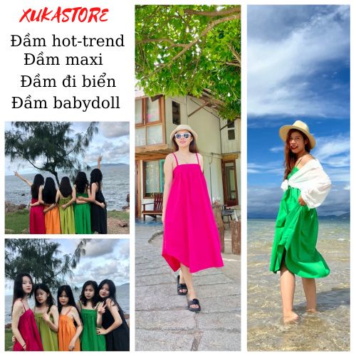 Đầm babydoll 2 dây chun bo ngực dáng dài maxi form rộng mùa hè đi biển váy nhiều màu tại Xukastore ( ảnh và video thật )