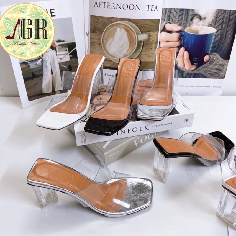 Guốc 2 quai mica lót da bóng gót mica tam giác 8p