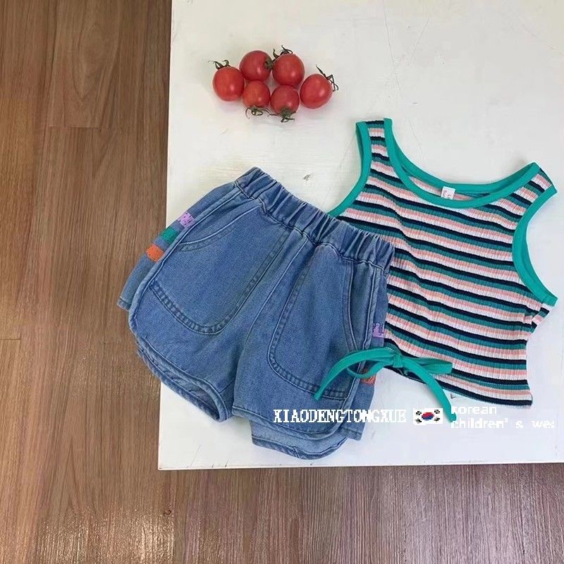 Bộ Áo Hai Dây Phối Quần Short Denim Họa Tiết Kẻ Sọc Kiểu Nhật Hàn Thời Trang Mùa Hè Cho Bé Gái 2022